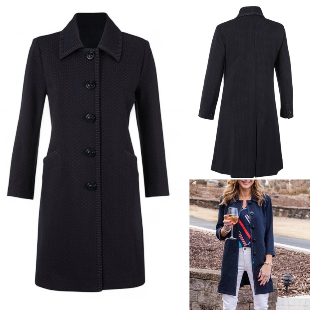 Cabi Carriage Long Jacket in Navy Blue Dotted Print  Style 5658